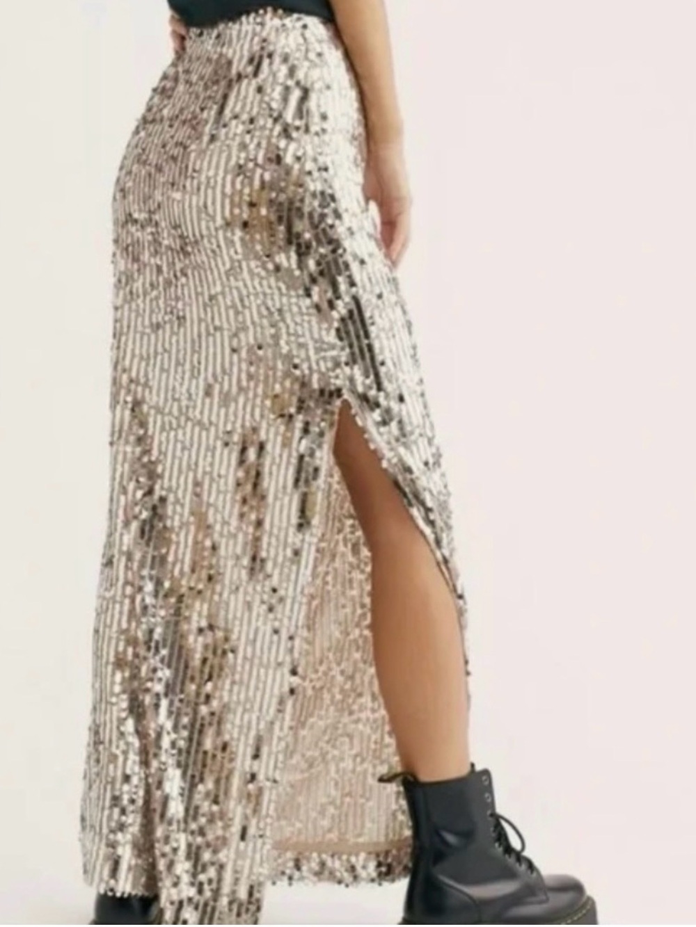 Sequin Maxi Skirt with Side Slit - Silver